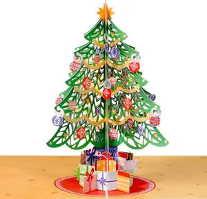 Christmas Tree Pop Up Card - 5" x 7" Premium Cardstock with Ornaments Garland Star Topper & Wrapped Gifts for Holiday Gifting