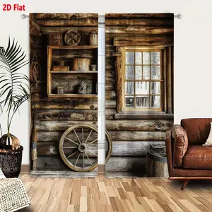 2D Flat Rustic Wooden Cabin Style Blackout Curtain 2-Piece Set, Blackout Window Cover, with Tree & Landscape View Through Window Design, Weathered Log Wall Inspired Decor, Natural Textured for Living Room Bedroom, Thermal Insulated