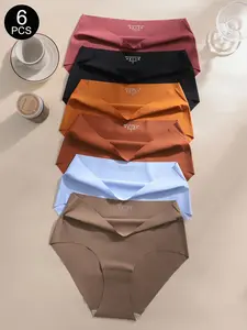 6PCS Women's High Waist Breathable Comfortable Elastic Wave Hem Seamless Solid Triangle Panties, Casual Fitted All Seasons, Underwear