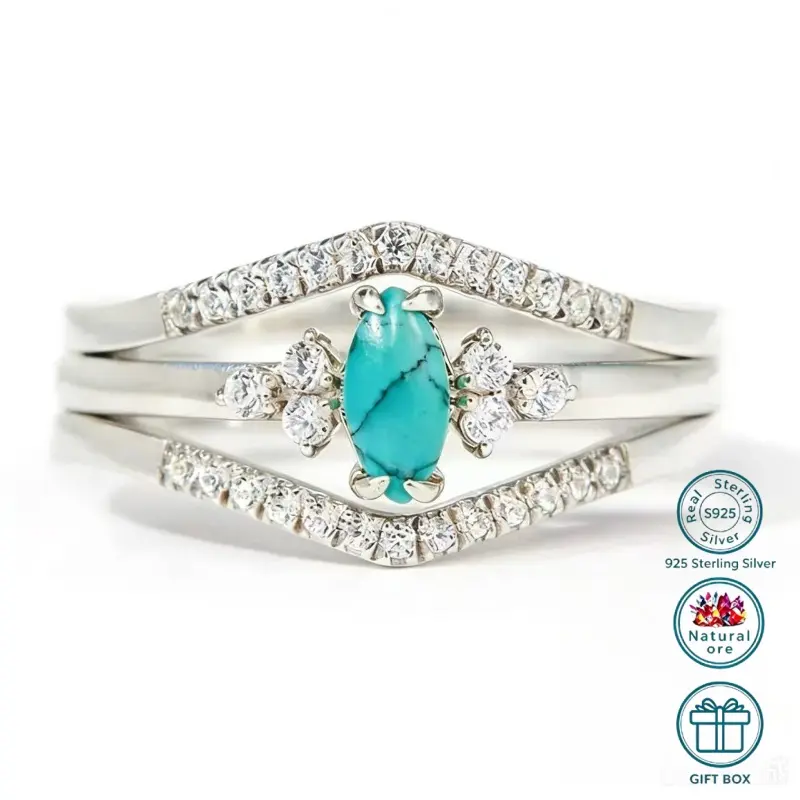 Women's S925 Sterling Silver Elegant Turquoise Oval Stacking Ring Set - 1 Set with Tiny Diamonds, Female Anniversary Gift, Sizes 5-10, Stacking Set