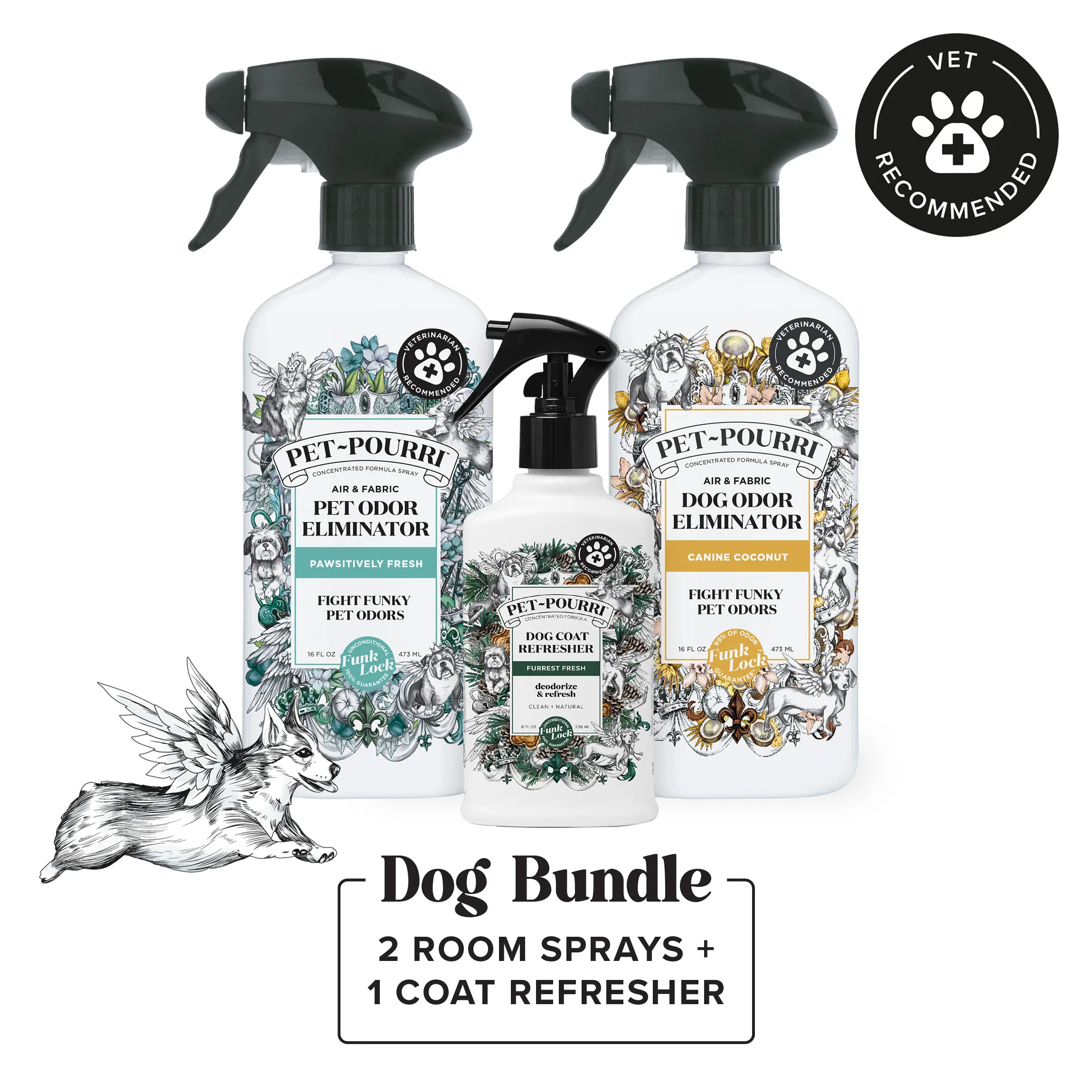 Pet~Pourri - Ultimate Dog Odor Eliminator Kit (2 Room Sprays + 1 Coat Freshener)