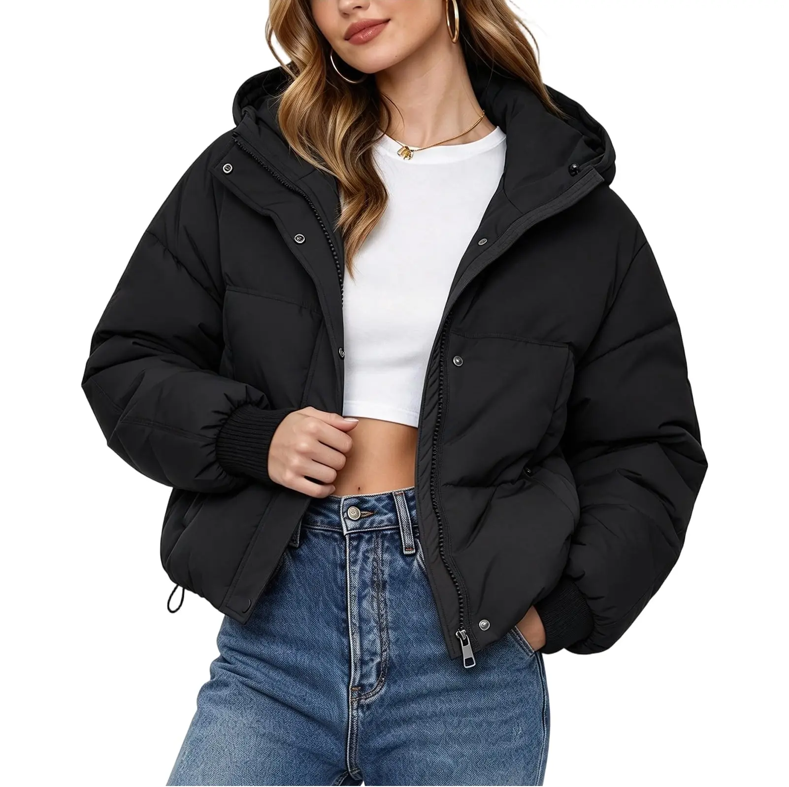 Yimoon Womens Winter Cropped Puffer Jacket Hooded Zip Up Short Warm Quilted Puffer Coat Outerwear Fabric Fits