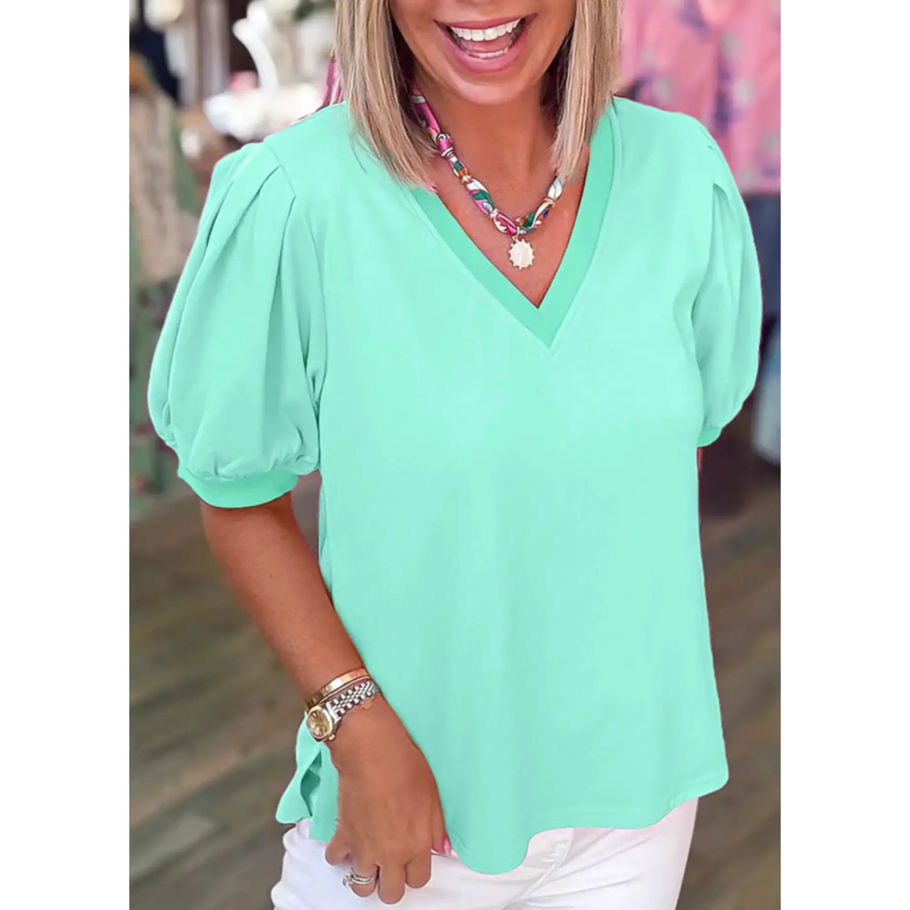 Mint vneck puff sleeve tee