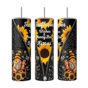 Gnomes Sunflower Wishes Honeybee Kisses 20 oz Stainless Steel Thermal Tumbler with Lid & Straw Insulated Coffee Drinkware Portable