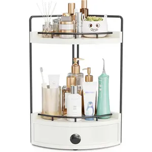 2-Tier Corner Bathroom Counter Organizer with Drawer & Embedded Screw Holes - Wooden Countertop Organizers for Skincare, Makeup Storage, Bathroom Sink Counter Shelf for Vanity, White