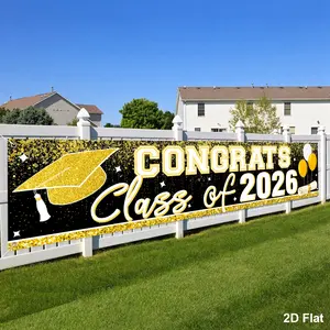 1pc Large Graduation Banner, 200*40cm Class Of 2026 Congrats Grad Yard Sign. Black Gold/Blue White/Black White Gold. 2D flat hanging welcome sign for graduation party, fence, garage, garden, porch, backdrop, home wall & room decor.