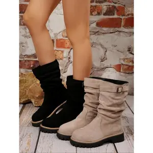 Women's Mid-Calf Boots with Crinkle Leather Buckle Design, Wide Ankle Platform, Denim Style, Handmade Nicks Boots, Casual Fashion, Ruched Boot