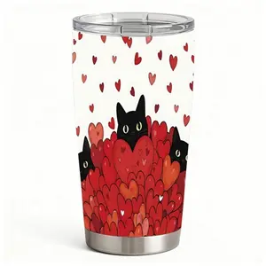 20oz Cute Black Cat Peeking Through Hearts Stainless Steel Tumbler， Tumbler with Lid Double Wall Vacuum Insulated Travel Mug