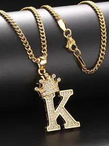[Golden Crown Pendant] 18K Golden Plated Stainless Steel Crown Pendant Fashion Necklace | Men's Retro & Hip-Hop Style Jewelry with Sparkling Cubic Synthetic Zirconia Letter K - Suitable for Daily Wear, Parties, Year-Round Elegance Necklace Gift