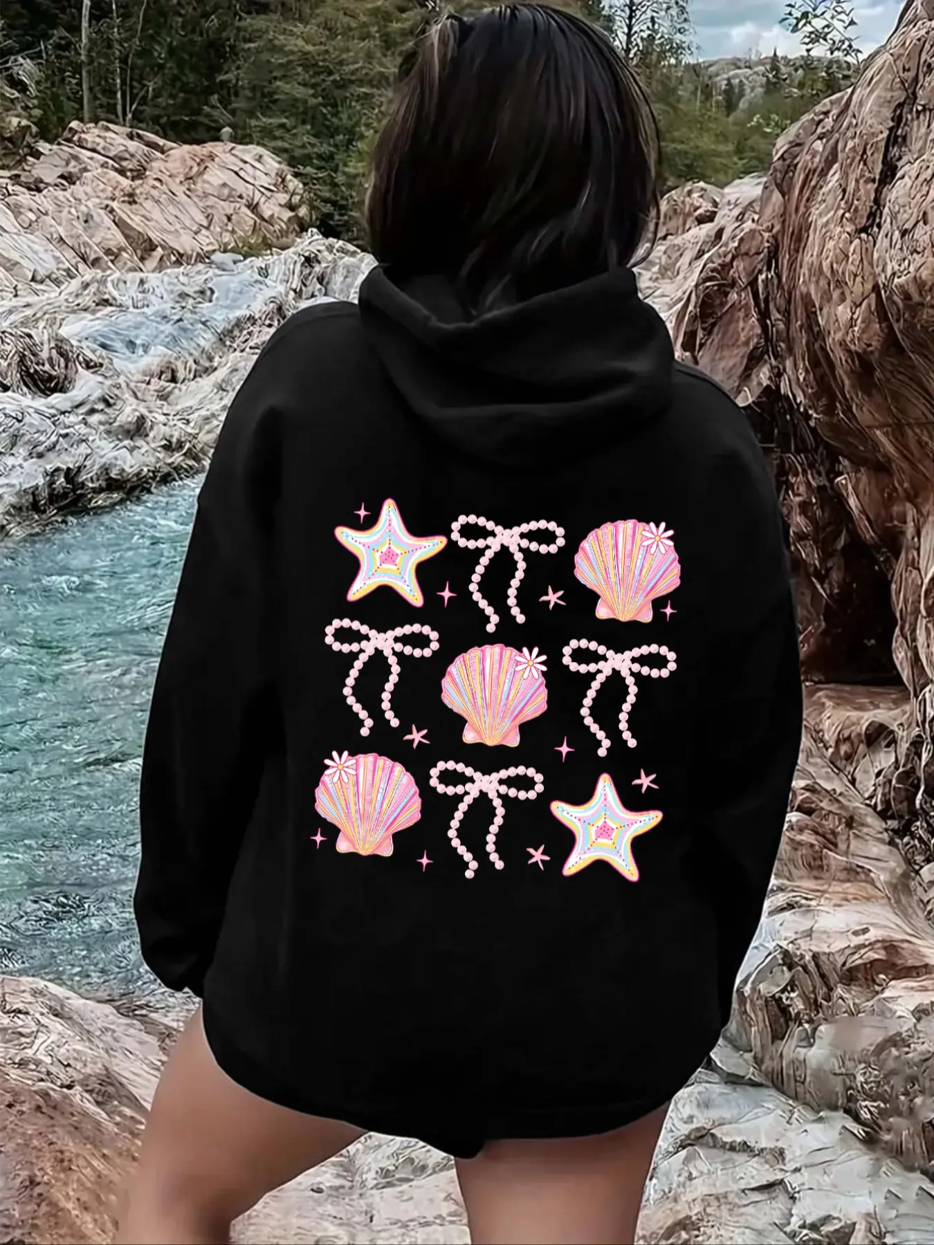 Chic Women's Starfish & Shell Print Hoodie, Drawstring Detail, Casual Long Sleeve Pullover, Fall & Winter Wear