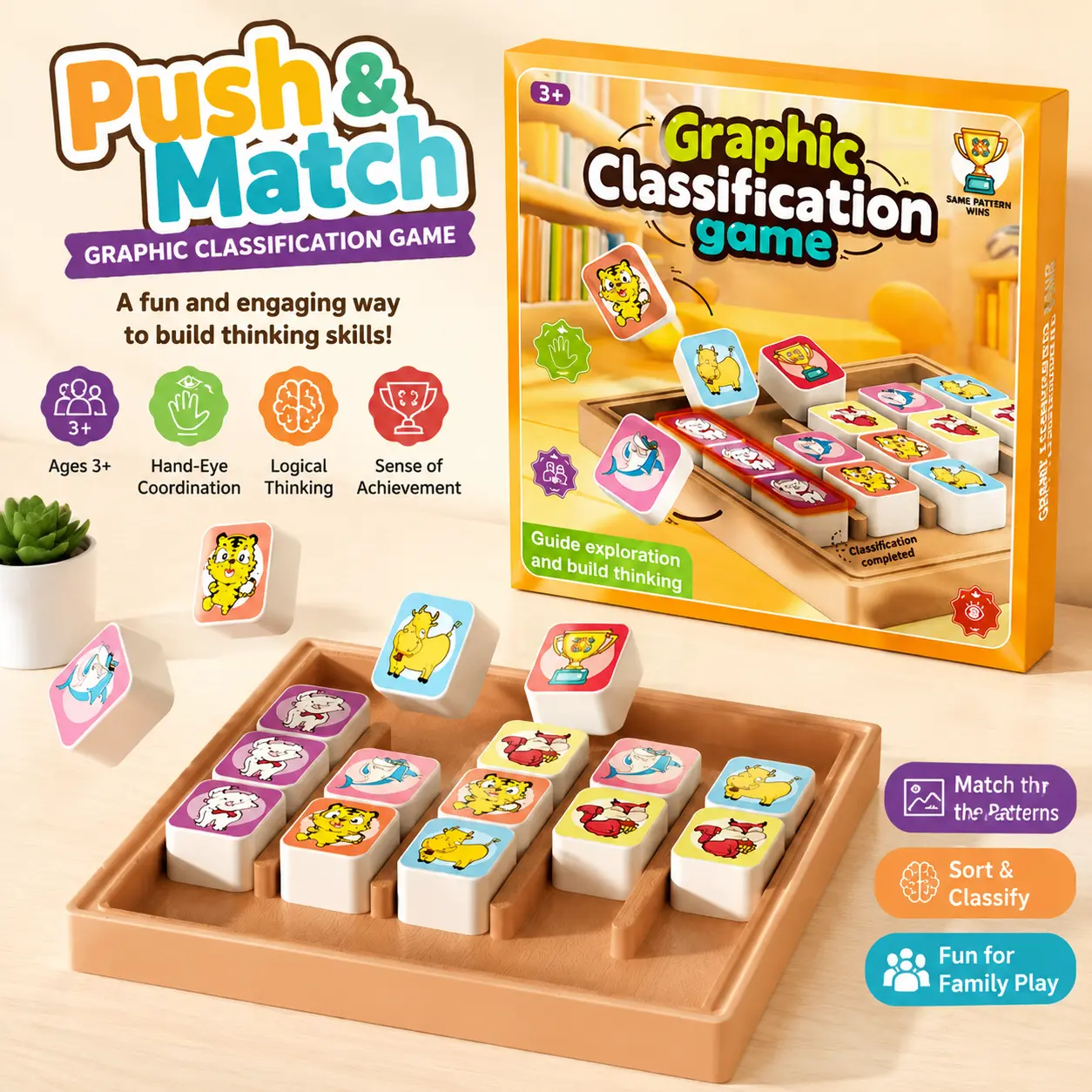 Animal Sorting Slide Puzzle Game for Kids 3-4 Years, 7" x 7" Abs Educational Brain Teaser Board Game with Graphic Classification Push, Birthday Gift for Girls