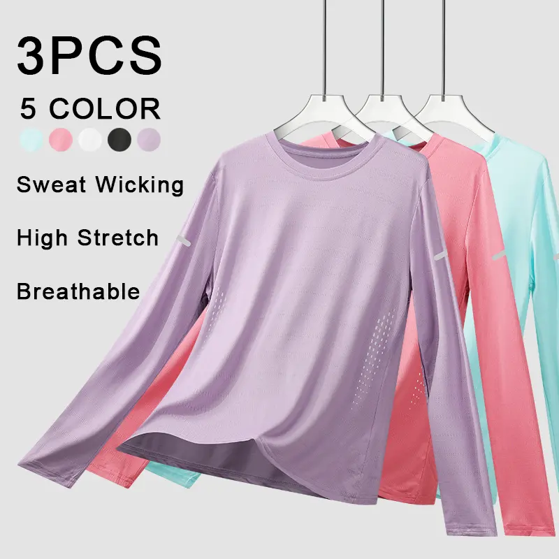 3-pack best-selling sun-protection long-sleeve sports T-shirts made from ice silk—quick-drying, breathable, lightweight, UV-protective tops with a slim fit and stretch for a cool feel; suitable for outdoor activities, gyms, and everyday wear.