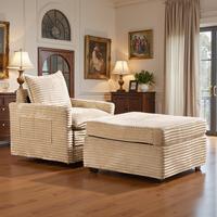 Beige Plush Corduroy Swivel Chair+Ottoman