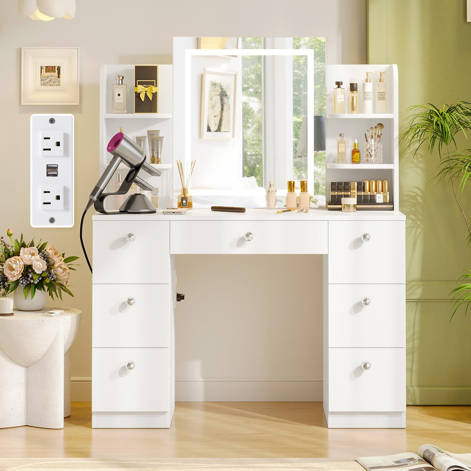 【Assembly video available】VOWNER Modern 55" Tall Makeup Vanity Table Set with 3 Color Lighted Mirror 7 Drawers & Outlet