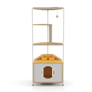 Corner Multi-Functional Cat Tree Cabinet, P2 Grade Particleboard and Thick Metal Frame Stable Cat Condo, Space Saving Indoor Corner Cat Tower with Scratching Post, Hanging Cat Ball, Anti-Slip & Anti-Tip Safe Modern Household Pet Furniture