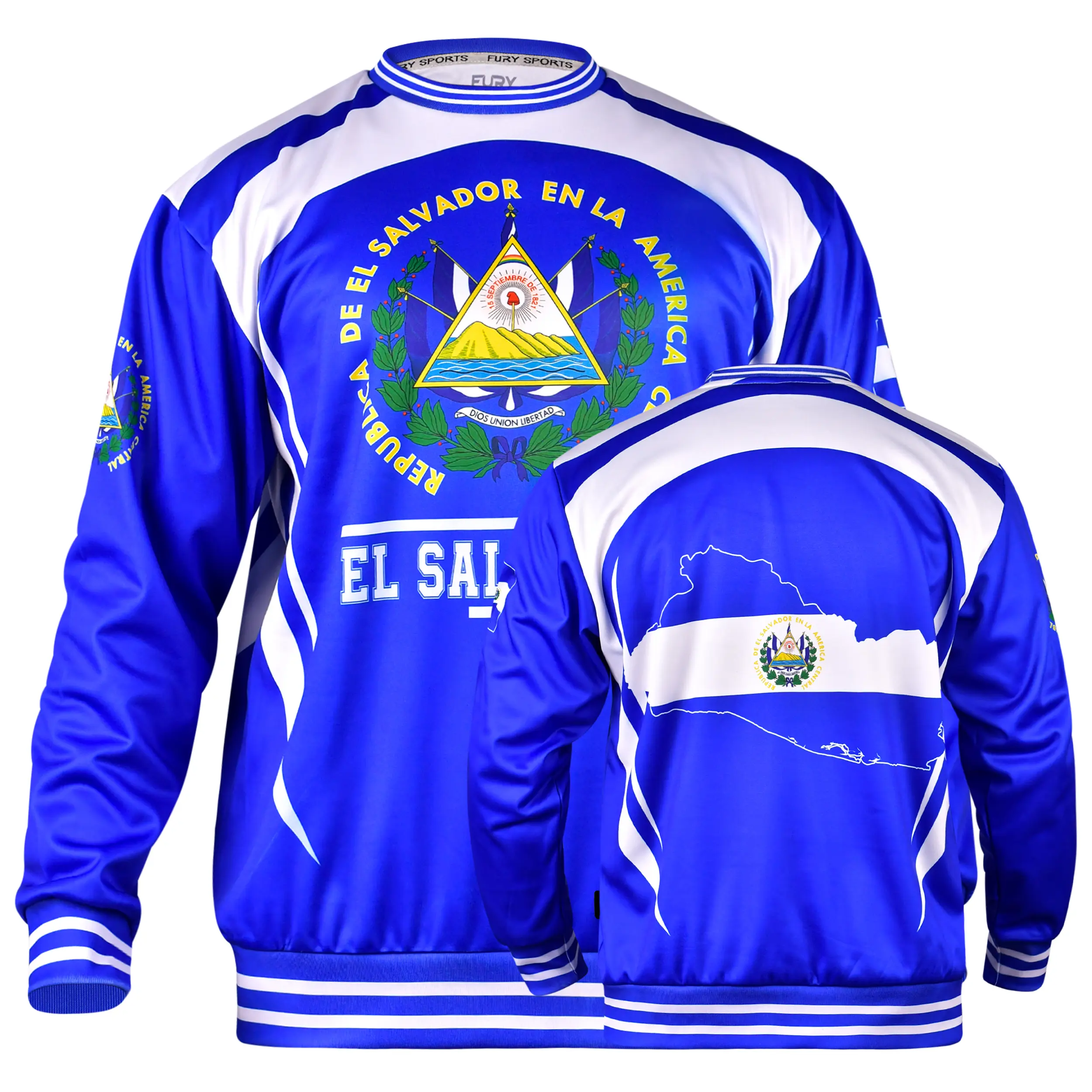 Fury's El Salvador Long Sleeve Shirt for Men & Women El Salvador Jersey Crew Neck Slim-fitting shirtslatinas Round Neck Breathable Menswear Top Unisex