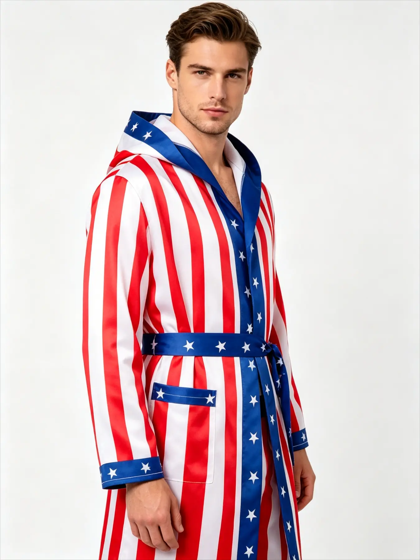 Striped boxing costume set, adult cosplay performance outfit, red, blue, white star-themed boxer robe and shorts