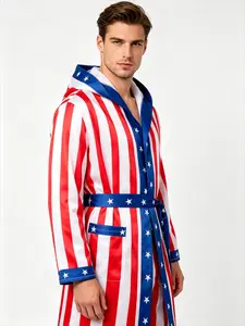 Striped boxing costume set, adult cosplay performance outfit, red, blue, white star-themed boxer robe and shorts
