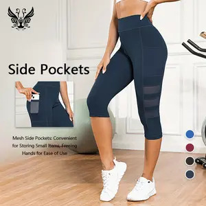 YIZHEN Women's Solid-Color High-Waisted Yoga Sports Capris with Mesh Side Pockets Figure-Flattering for Fitness Workouts No Warranty