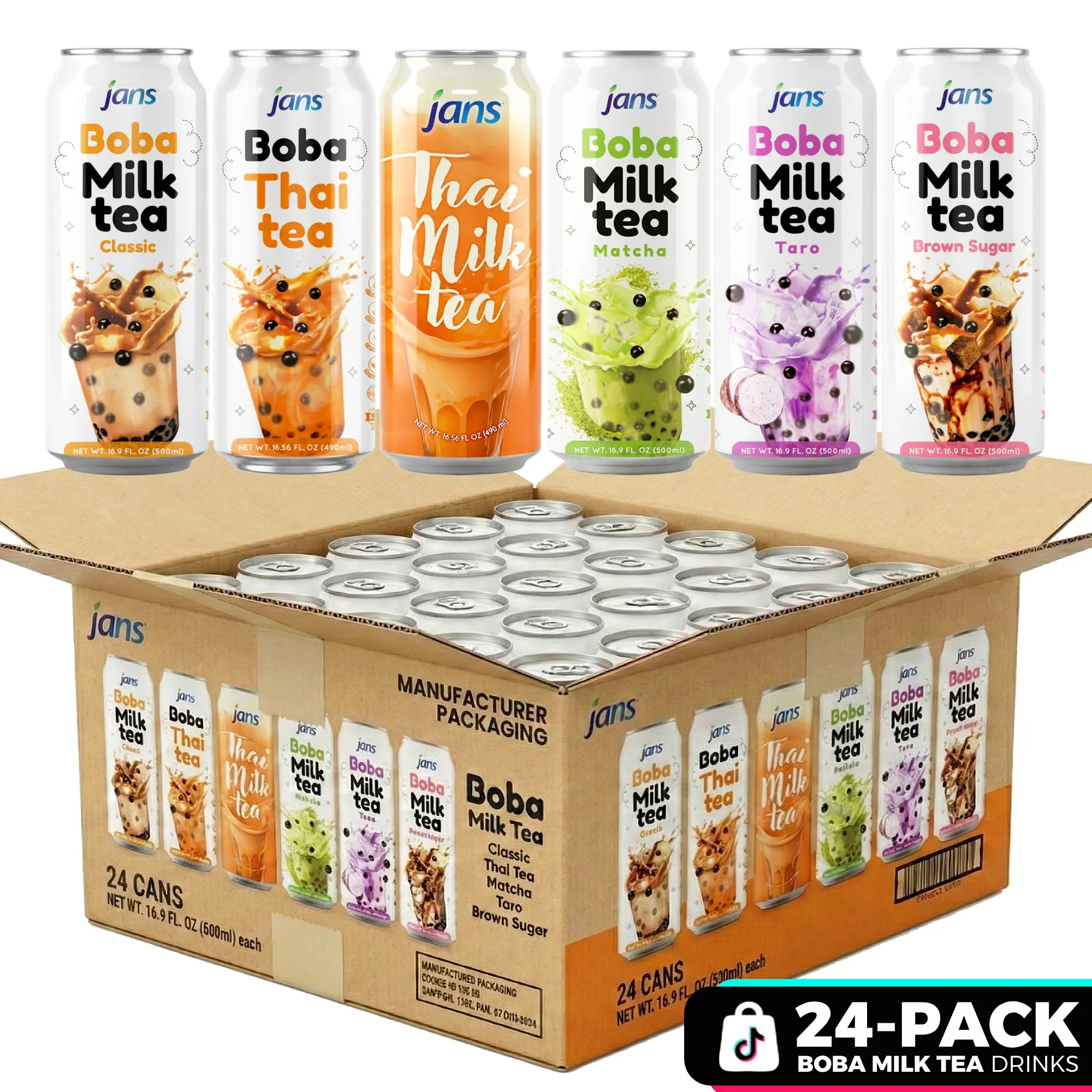 Jans Ready-to-Drink Bubble Tea Variety with Lighter Boba Substitute 16.9 Fl Oz in Brown Sugar, Milk Tea, Matcha, Taro & Thai Tea Flavors