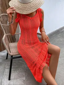 Women's Random Hollow Out Ruffle Trim Sweater Dress, Casual Sweetheart Neck Sleeveless Midi Knit Dress for Summer, Valentine's Day Gift, Fashion Women's Clothing for Daily Wear