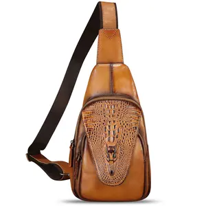 Genuine Leather Silng Bag for Men and Women Embossed Crocodile Leather Sling Backpack Chest Crossbody Bag