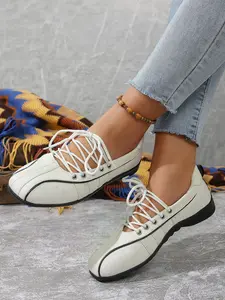 Ballet Flat Casual Shoes for Women, Soft Sole Low Top Sneakers, Korean Style Square Toe Canvas Shoes, Breathable Textile Upper, Walking Shoes
