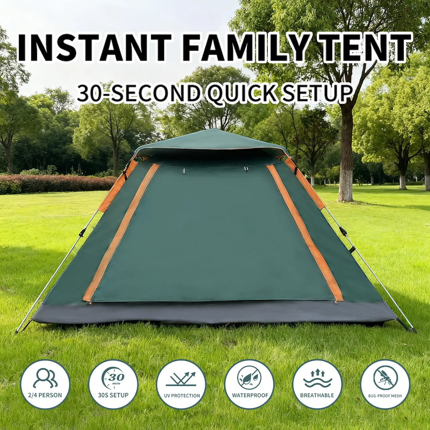 Green Square Foldable Oxford Waterproof Windproof Cabin Tent, 2-4 Person No-Pole Design Frame, 30-Second Quick Setup Instant Portable for Family Camping & Outdoor Activities, Waterproof Windproof Tent, Oxford Cabin Tent
