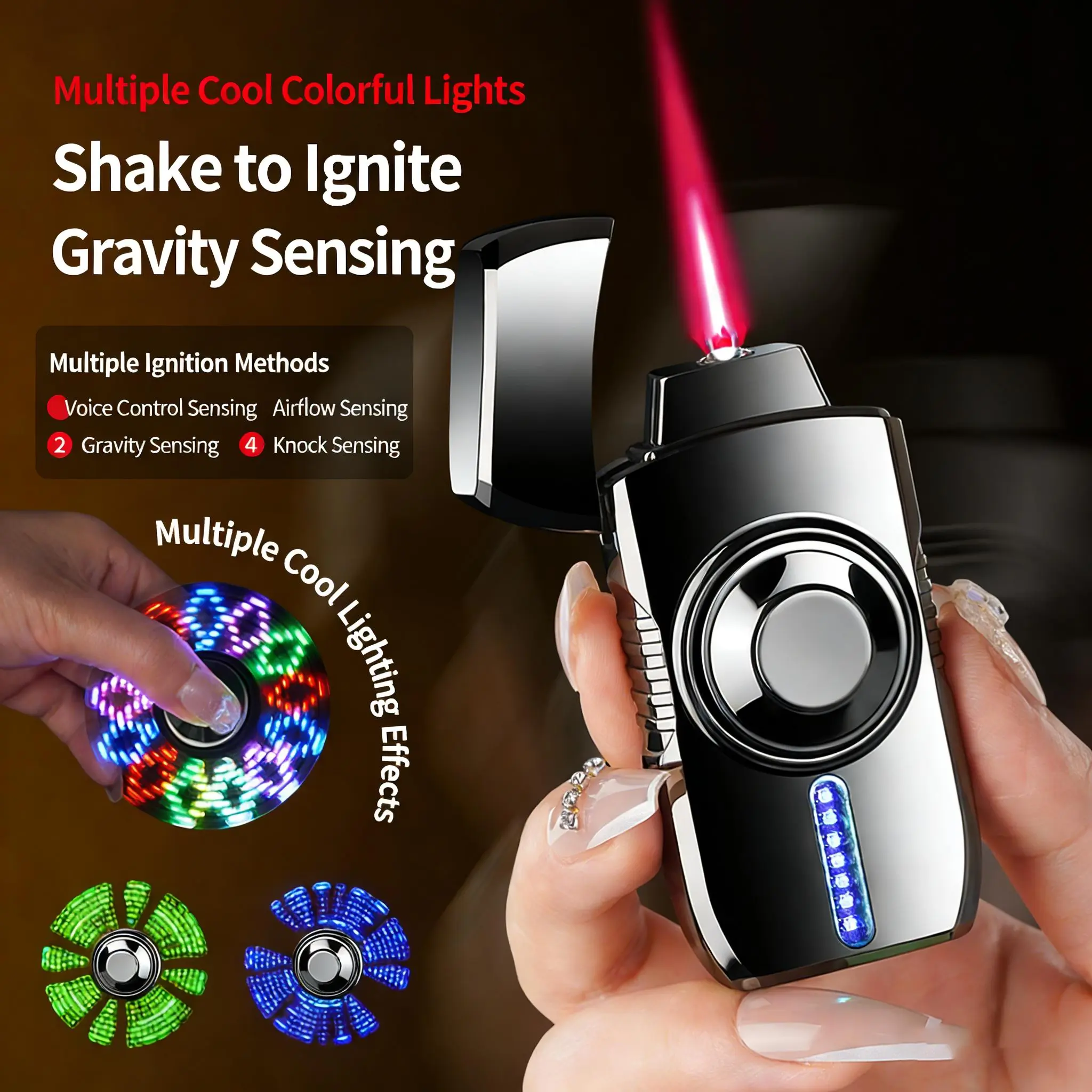 Fidget spinner smart voice-activated windproof lighter with 4 ignition modes – USB charging – LED colorful light, suitable for candles, barbecues, and outdoor activities – a cool and stress-relieving gadget, a great gift choice for men (without gas)