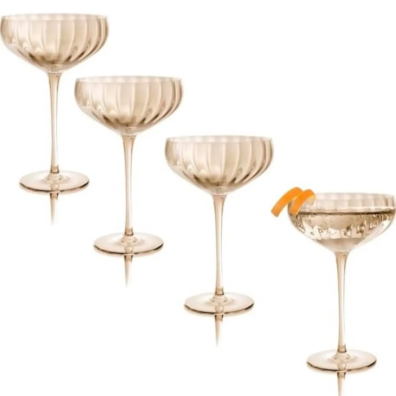 QUALIA Modern Champagne Coupe Glasses Set of 4 Ribbed Coupe Glasses for Wedding, Lead-Free Hand Blown Amber Glassware, 10 oz Unique Cocktail Glass, Wedding Gifts For Women, Home Bar Gift For Her