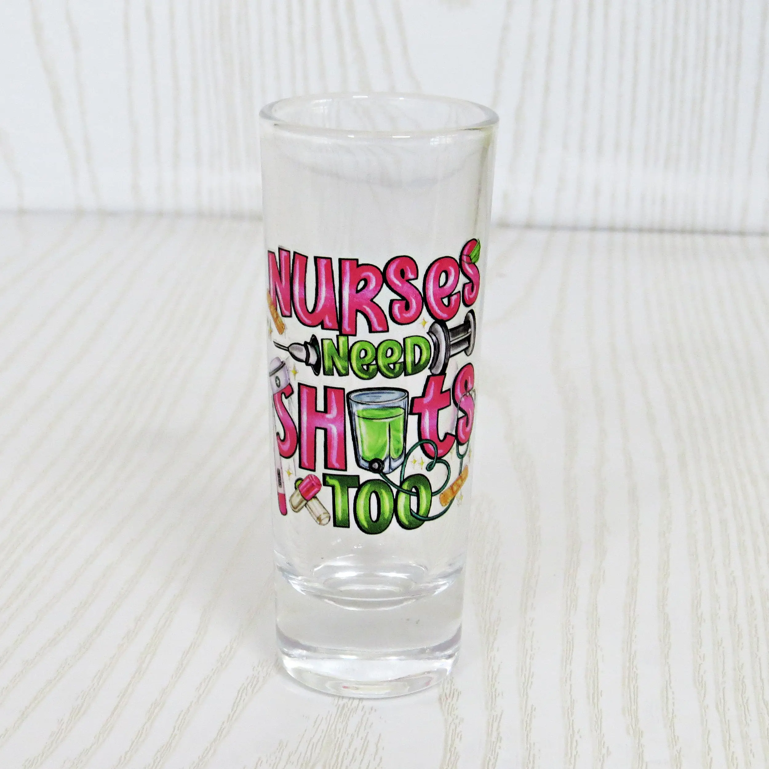 Kenzie's Boutique Handmade Nurses Need Shots Too 2 oz Shot Glass - Hot Pink Lime Green Appreciation Week Gift for Women and Male Nurses – Funny Care Package Present – Nursing Graduation Day Party Drinkware