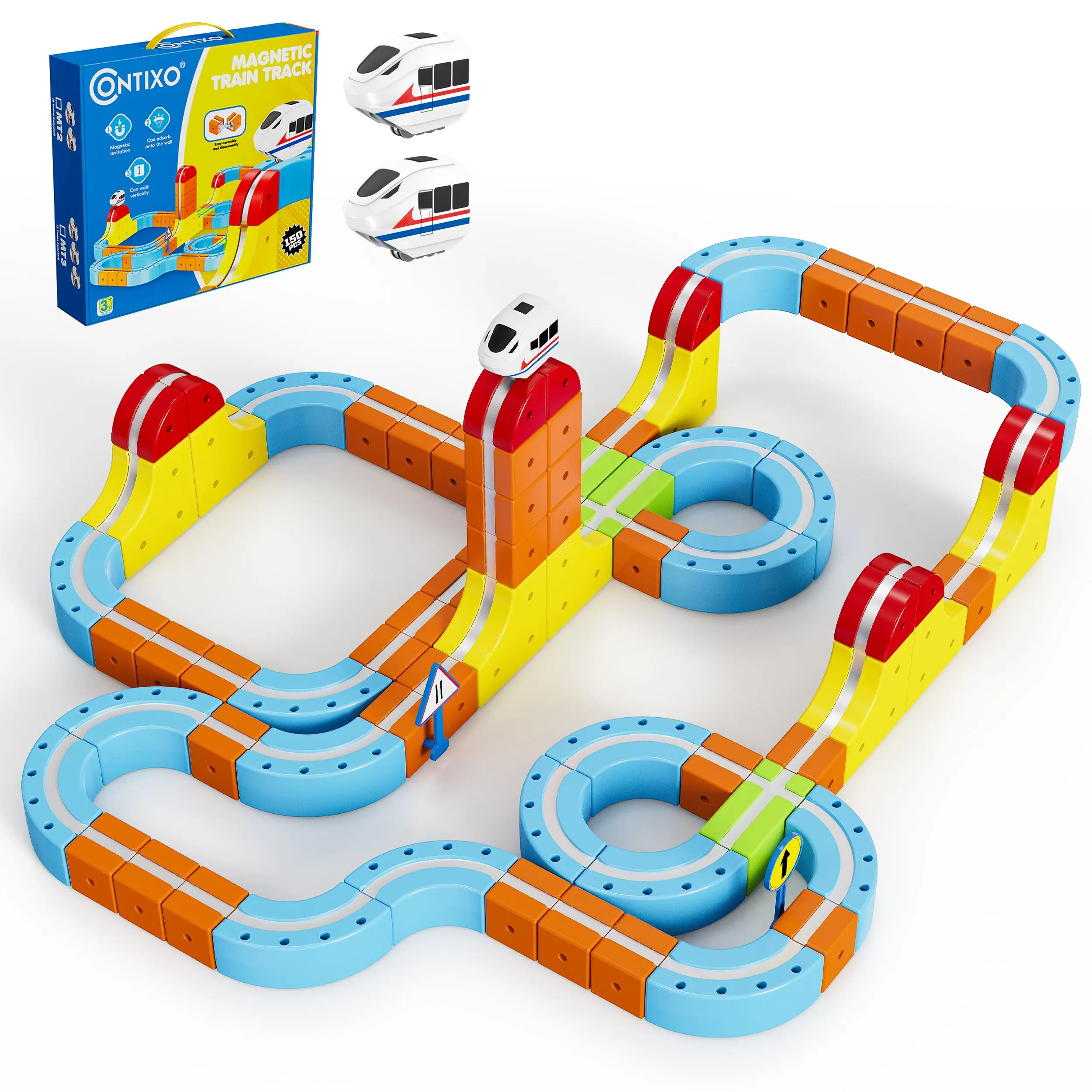 Contixo MT2 Magnetic Train Track Set – 150-Piece 3D Snap-Fit Building Kit with Vertical Wall Climbing Tracks & 2 Magnetic Trains