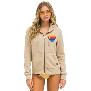 RAINBOW HEART STITCH ZIP HOODIE - SAND