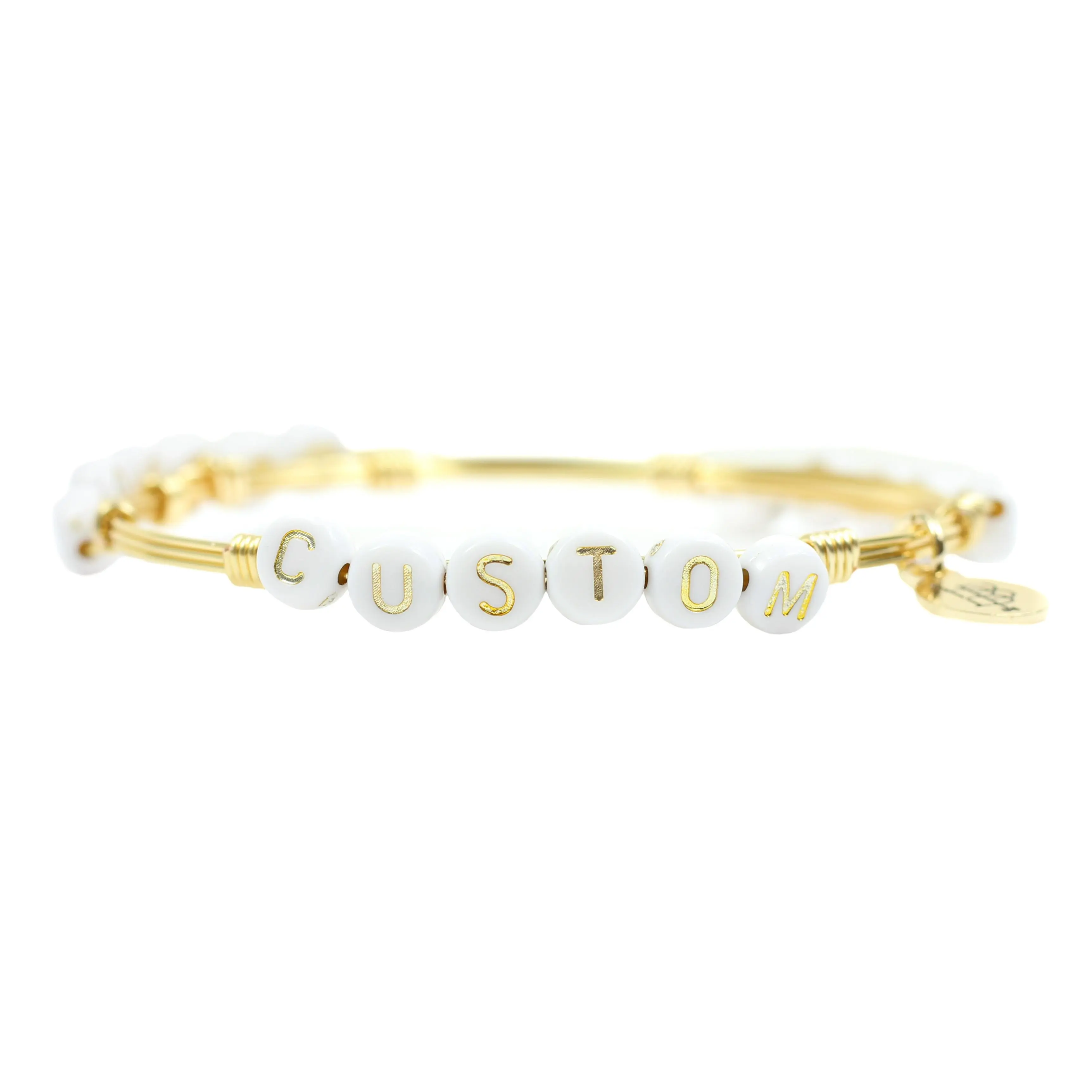 Custom Word Bangle Bracelet - Gold + White