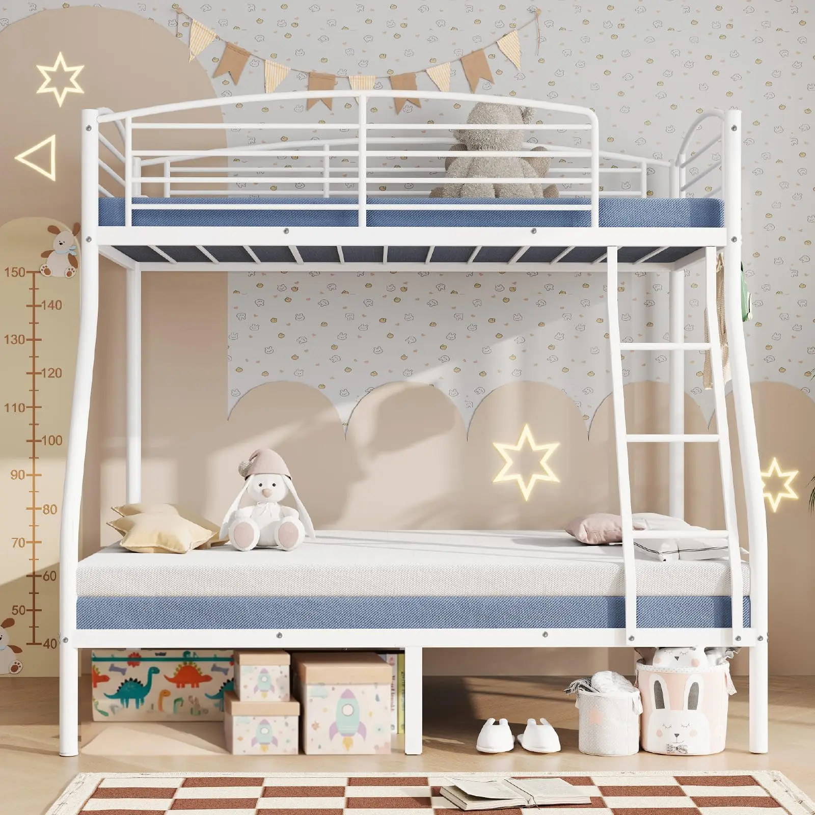 Heavy-Duty Metal Bunk Bed, Twin Over Full Size with Ladder and Guardrail, Rounded Edges for Safety, Space-Saving Design for Dorms & Small Rooms