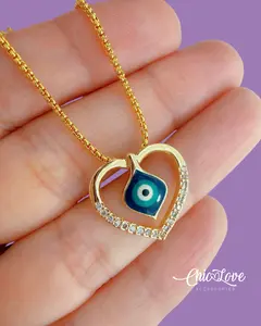 Gold Evil Eye Heart Necklace, 17 Inch Adjustable Chain, 18K Gold Plated, Minimalist Protection Jewelry