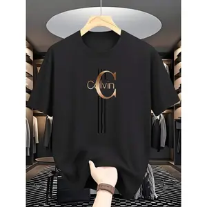 Men's Cotton Crew Neck Short-Sleeve T-Shirt Red Striped Gold Badge Design Regular Fit Machine Washable All-Season Comfortable for Outdoor Casual Wear and Everyday Use Soft Menswear Top Movie T-Shirt Skull animated music graphic tee Fabric Long y2k anime f