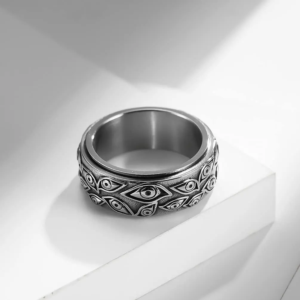 Men's Stainless Steel All-Seeing Eye Spinner Ring Band, Vintage Silver Fashion Ring, Men's Accessories, Sizes 8-10, Fashion Rings