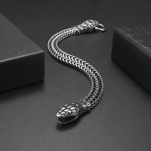 Zodiac Double Headed Snake Bracelet Men Stainless Steel Ring Buckle Bracelet Punk Motorcycle Party Fashion Jewelry Accessories