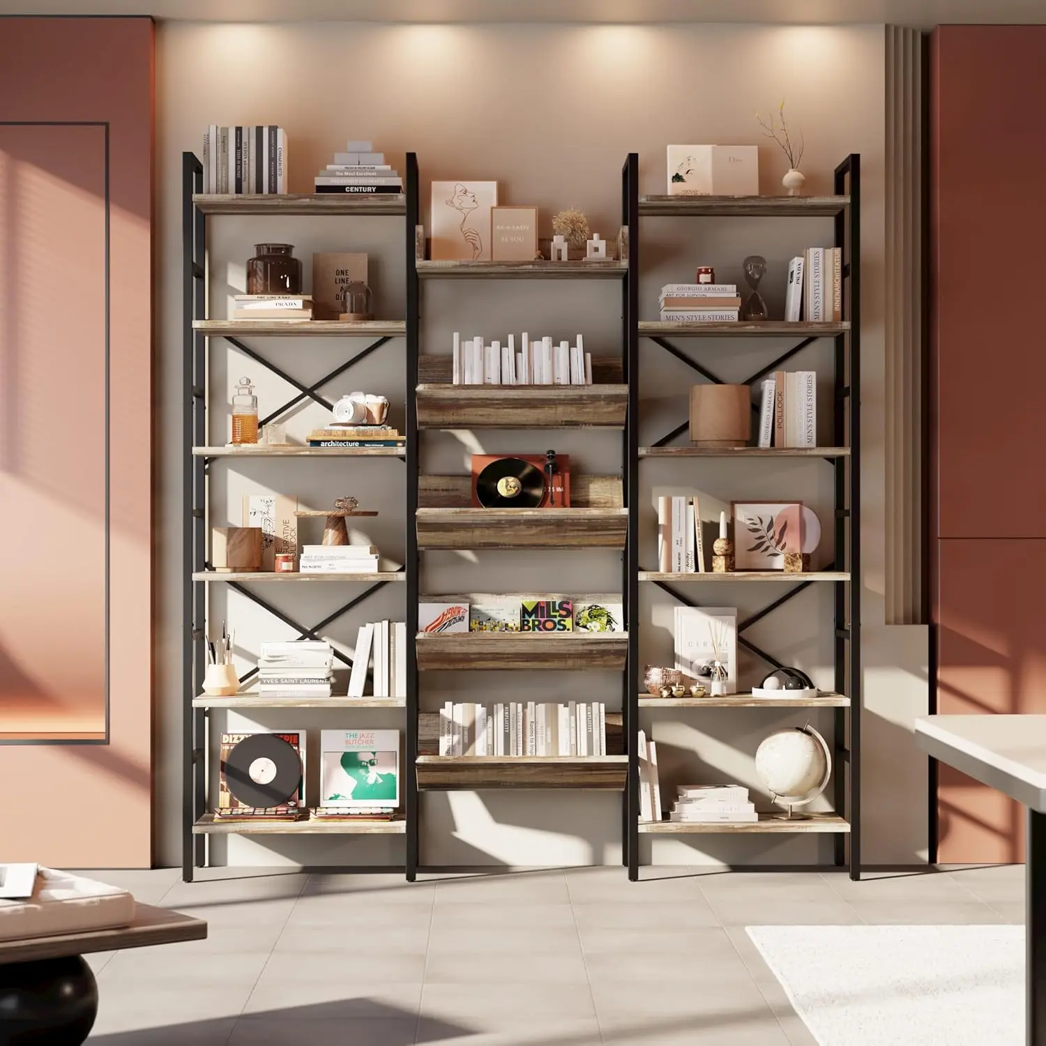 IRONCK Industrial Bookshelves 6 Tiers Triple Wide Bookshelf, Large Etagere Bookshelf Open Record Player Shelves with Metal Frame for Living Room Home Office