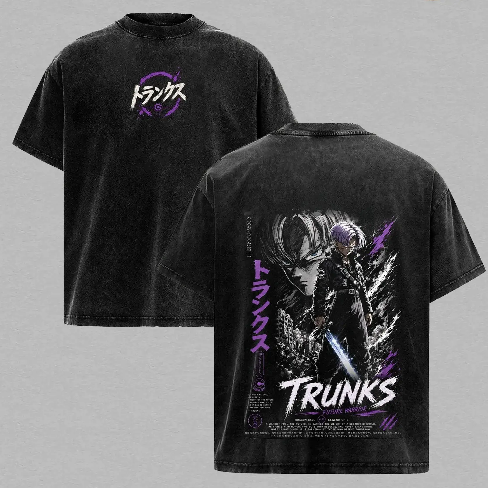 Men's Unisex Cotton Distressed "Trunks" T-Shirt - Future Trunks Capsule Corp Graphic, Back Print, 90s Vintage Anime Tee, Trendy Menswear Merch, Tshirt
