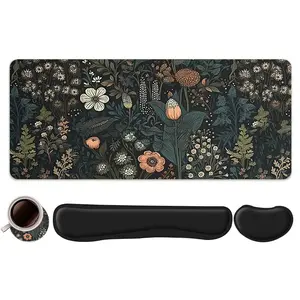 4pcs Vintage Botanical Floral Design Gaming Mouse Pad + Keyboard Wrist Rest + Ergonomic Mouse Pad + Coaster Set For Desktop Decoration, Office Accessories Set Ergonomic Wrist Support, Computer Mat Mouse Pad Coaster Suitable For Home, Gaming Mousepad