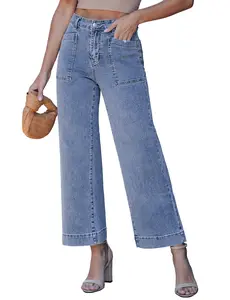 luvamia Wide Leg Jeans Woman Trendy High Waisted Patch Pocket Ankle Length Stretchy Denim Pants Casual Trouser Jeans