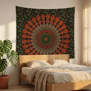 1PC bedroom floral mandala tapestry + installation kit included, vintage bohemian floral wall tapestry, black and green printed small tapestry, suitable for living room and dormitory decoration, Boho Room Decor, available all year round