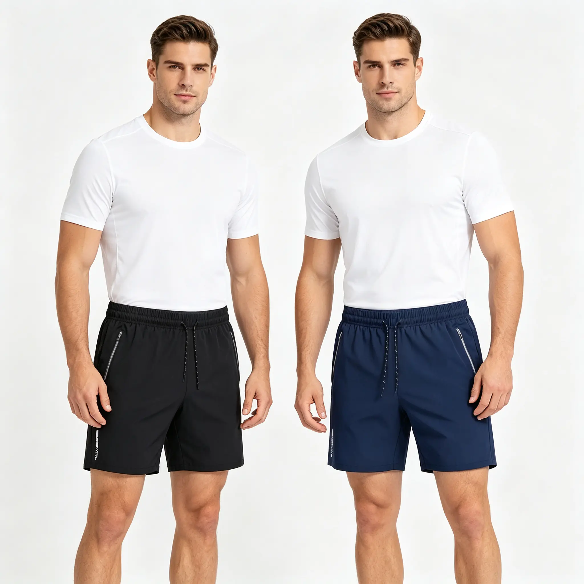 Set of 2 men’s quick-dry athletic shorts—lightweight, waterproof training shorts with zippered pockets and an elastic waistband; loose-fit swim shorts suitable for the gym, beach, jogging, and everyday summer casual activities.
