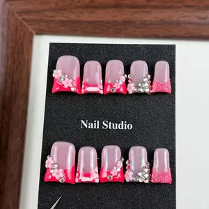 10pcs high-end Sweet and cool girl style, hand-painted patterns, glittering small diamonds handmade fake nails, Flower nails, Ideal for attending music festivals, concerts, bar parties, and birthday parties. Nail stickers for these occasions.