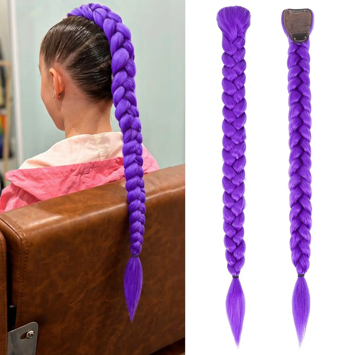 VOSILK Clip-in Synthetic Fiber Hair Extension - 26in Pre-Stretched Easy-to-Braid Yaki Texture 150g Light Weight Purple Braided Ponytail for Halloween, Carnival Parties, Cosplays