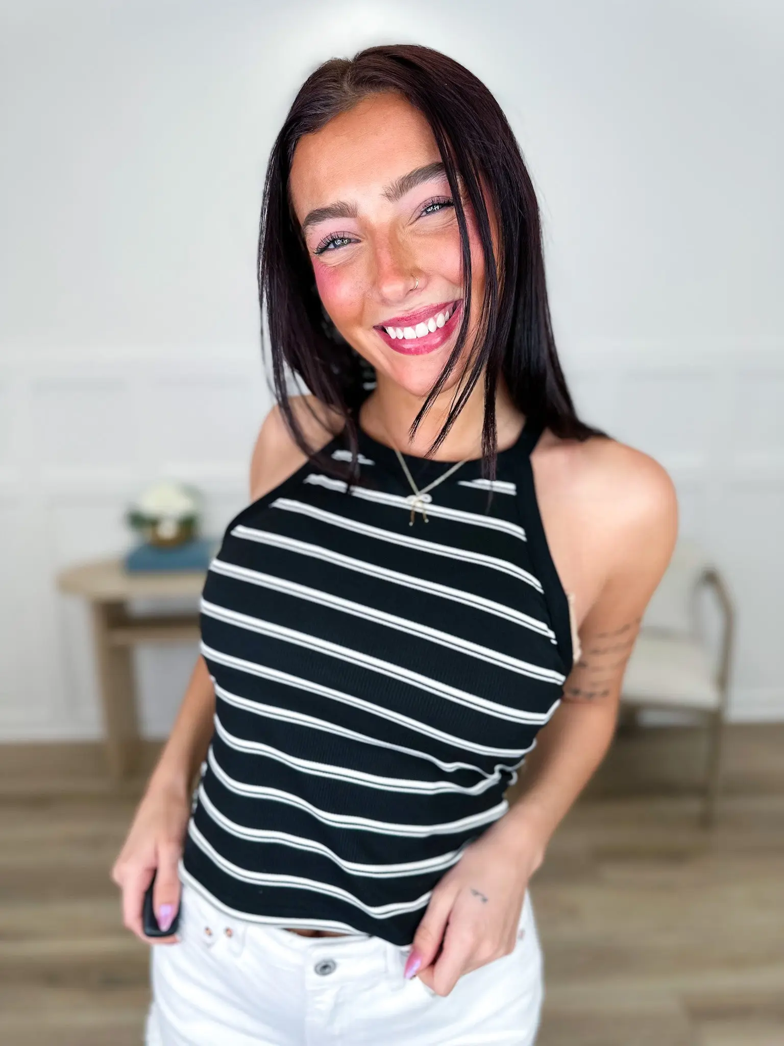 Women's Striped High Neck Tank Top, Padded Ribbed Cotton Spandex Layering Top for a Smooth Casual Fit, Fabric, Breathable, Comfortable, Piece