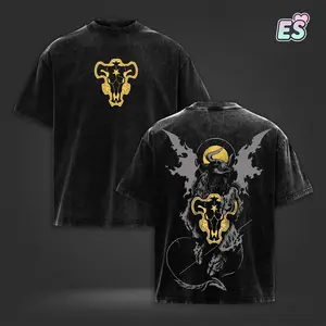 EmberSouth Black Bulls Squad Black Clover Anime Double Printed Vintage Washed Oversize Heavyweight Cotton T-Shirt Tee Anti-Magic Demon Emblem Edition Comfortable Short Sleeve Crew Neck Summer Medium Length