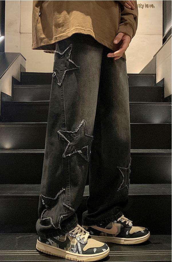 Jeans For Men or Women, High Street Cross Patch Embroidery, Loose Straight Wide Pants (button Holes Not Opened At Waist) Black Casual Streetwear Denim Beige Menswear Original Knife Traditional Trouser